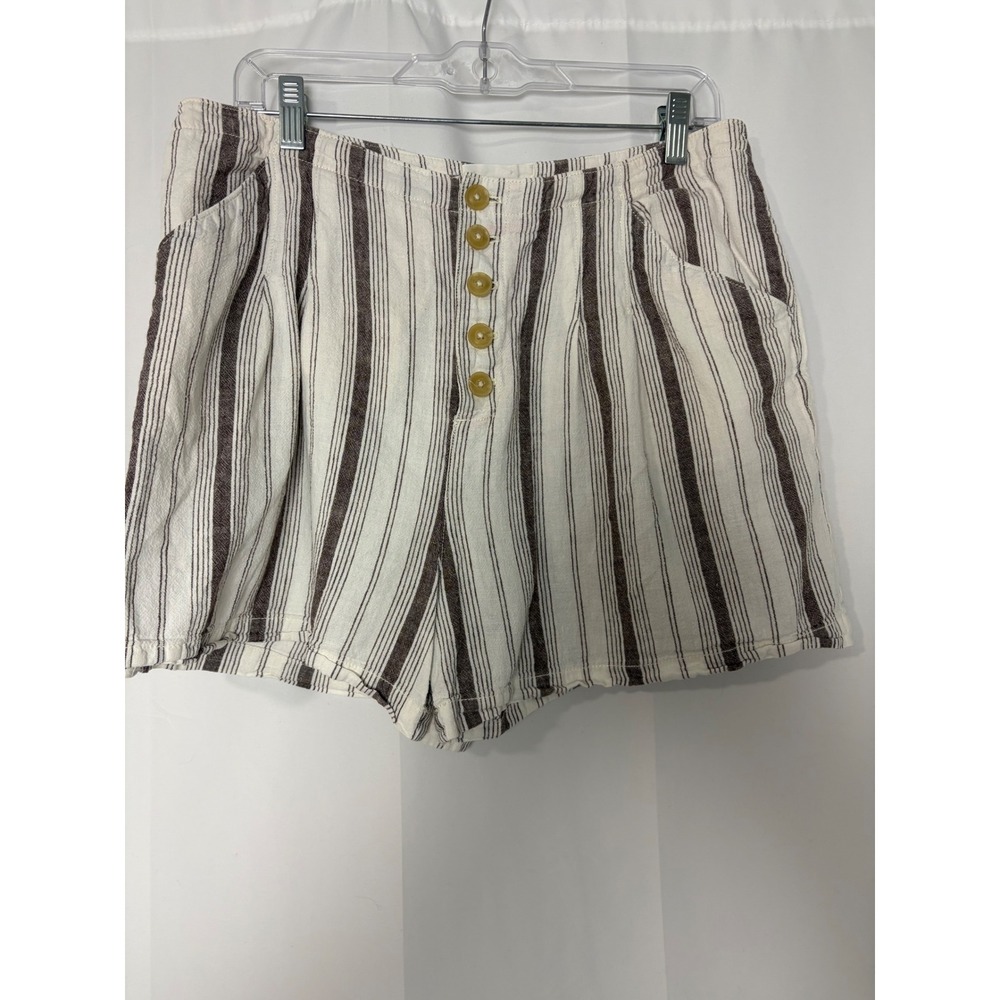 Anthropologie Striped High Rise Button Fly Linen Blend Shorts Brown White 12